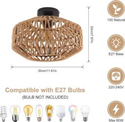 COMELY Bamboo Woven Ceiling Light, Boho Lamp with Natural Rattan Lampshade - thumbnail 6