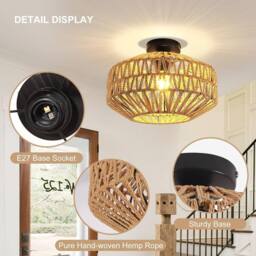 COMELY Bamboo Woven Ceiling Light, Boho Lamp with Natural Rattan Lampshade - thumbnail 8