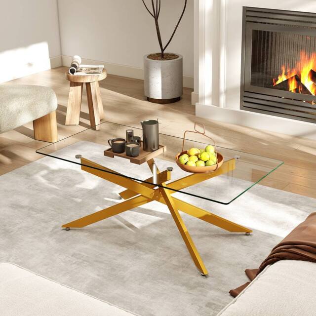 Costway Modern Glass Coffee Table Rectangle Center Cocktail Table Side Table in Gold - image 1