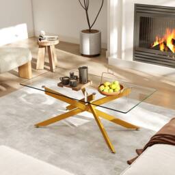 Costway Modern Glass Coffee Table Rectangle Center Cocktail Table Side Table in Gold - thumbnail 1