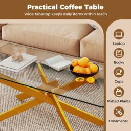 Costway Modern Glass Coffee Table Rectangle Center Cocktail Table Side Table in Gold - thumbnail 6