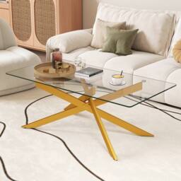 Costway Modern Glass Coffee Table Rectangle Center Cocktail Table Side Table in Gold - thumbnail 5