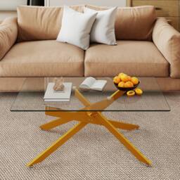 Costway Modern Glass Coffee Table Rectangle Center Cocktail Table Side Table in Gold - thumbnail 7