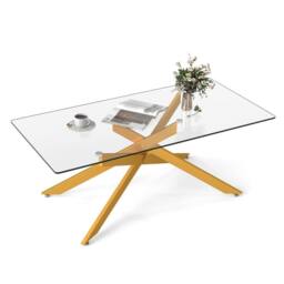Costway Modern Glass Coffee Table Rectangle Center Cocktail Table Side Table in Gold - thumbnail 4