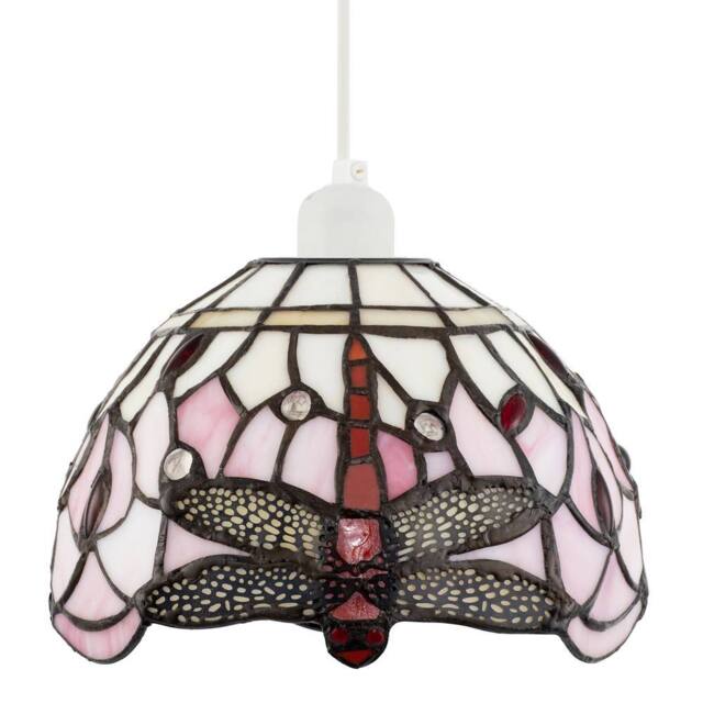 Happy Homewares Pale Pink & White Stained Glass Dragonfly Tiffany Pendant Shade - image 1