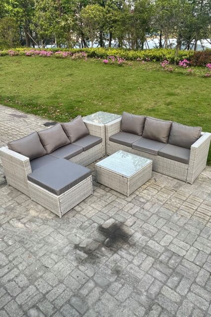 Fimous Light Grey Rattan Garden Corner Furniture Sofa Sets Outdoor Big Footstool Coffee Table - image 1