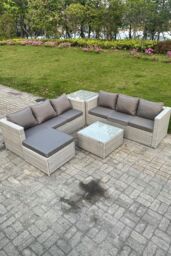 Fimous Light Grey Rattan Garden Corner Furniture Sofa Sets Outdoor Big Footstool Coffee Table - thumbnail 1