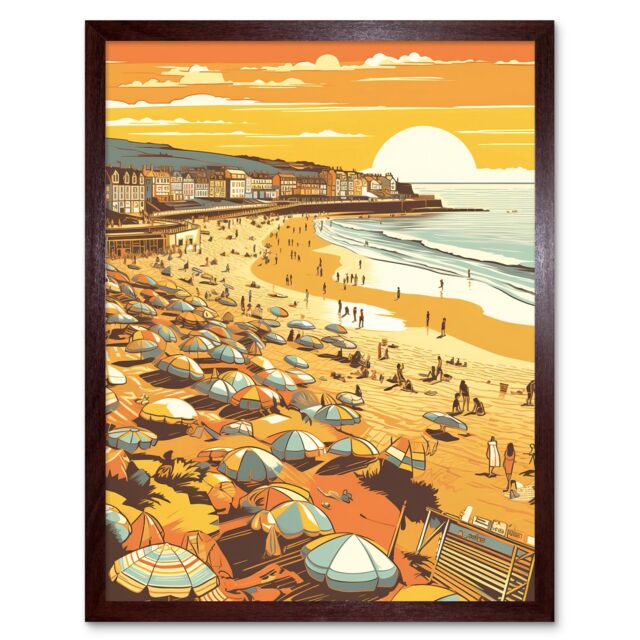 "Artery8 Wall Art Print Summer Sunset at Busy Sandy Promenade Beach Art Framed in Brown - Size: W12"" x H16""" - image 1