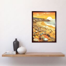 "Artery8 Wall Art Print Summer Sunset at Busy Sandy Promenade Beach Art Framed in Brown - Size: W12"" x H16""" - thumbnail 2