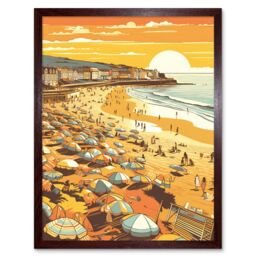 "Artery8 Wall Art Print Summer Sunset at Busy Sandy Promenade Beach Art Framed in Brown - Size: W12"" x H16""" - thumbnail 1
