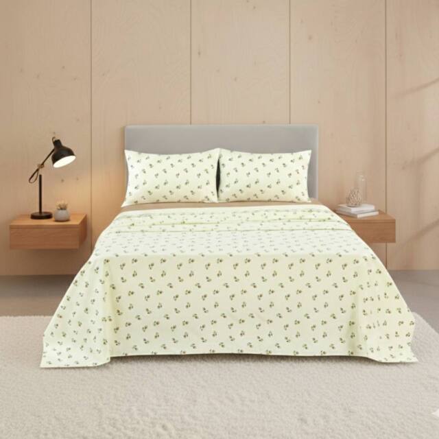 Snug City Soft Flower Print Brushed Cotton Fitted Flat Sheet Matching Pillowcase in Natural - Size: Single - image 1