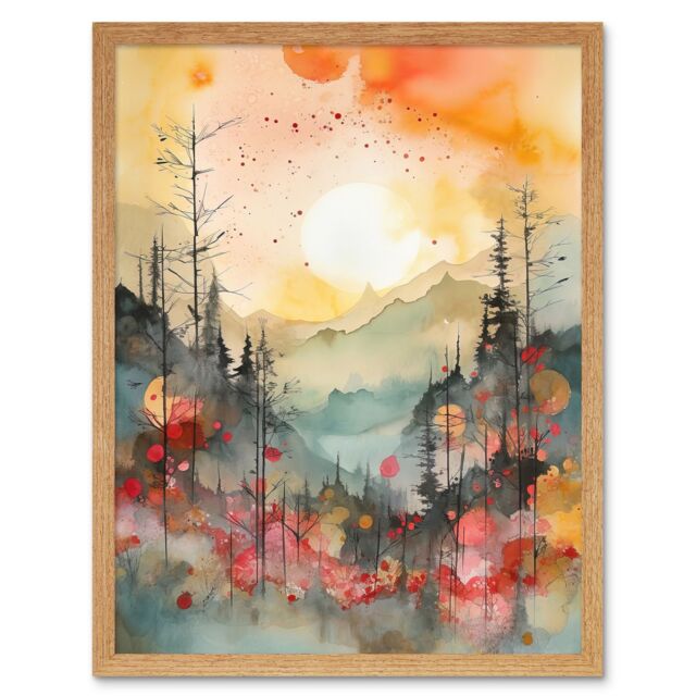 "Artery8 Wall Art Print Sunrise Over Misty Mountain Forest Landscape Modern Watercolour Painting Art Framed in Light Oak - Size: W12"" x H16""" - image 1