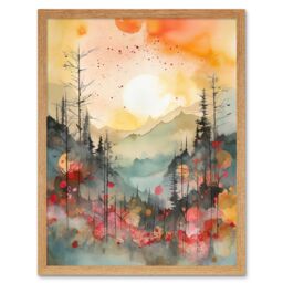 "Artery8 Wall Art Print Sunrise Over Misty Mountain Forest Landscape Modern Watercolour Painting Art Framed in Light Oak - Size: W12"" x H16""" - thumbnail 1