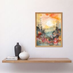 "Artery8 Wall Art Print Sunrise Over Misty Mountain Forest Landscape Modern Watercolour Painting Art Framed in Light Oak - Size: W12"" x H16""" - thumbnail 2