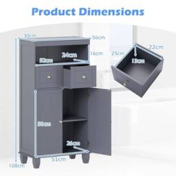 VOGREX Bathroom Floor Storage Cabinet Modern Freestanding Storage Organiser in Grey - thumbnail 7