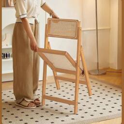 KORVIXA 2x Folding Dining Chairs Rattan Wood in Natural - Size: 0.6m2 - thumbnail 4