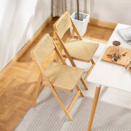 KORVIXA 2x Folding Dining Chairs Rattan Wood in Natural - Size: 0.6m2 - thumbnail 3