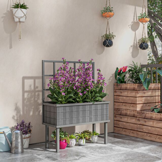 OUTSUNNY Wood Raised Planter w/ Trellis Drain Holes Elevated Garden Bed in Grey - image 1