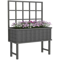 OUTSUNNY Wood Raised Planter w/ Trellis Drain Holes Elevated Garden Bed in Grey - thumbnail 2