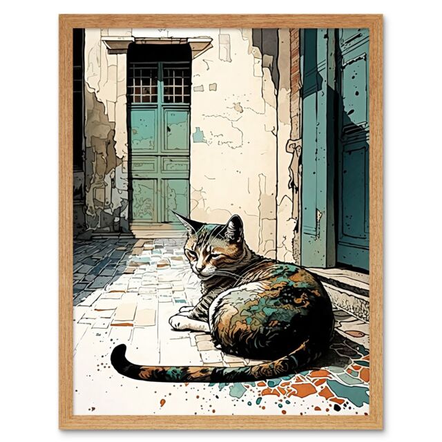 "Artery8 Wall Art Print Street Cat Sunbathing on Cobblestone Street Modern Art Framed in Light Oak - Size: W12"" x H16""" - image 1