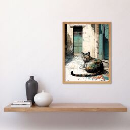 "Artery8 Wall Art Print Street Cat Sunbathing on Cobblestone Street Modern Art Framed in Light Oak - Size: W12"" x H16""" - thumbnail 2