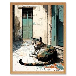 "Artery8 Wall Art Print Street Cat Sunbathing on Cobblestone Street Modern Art Framed in Light Oak - Size: W12"" x H16""" - thumbnail 1