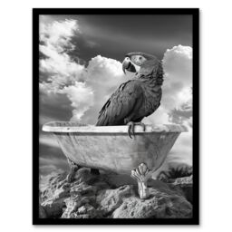 Artery8 Macaw Parrot Bird on Bathtub Black White Surreal Framed Art Print in Grey - Size: A4 - thumbnail 1