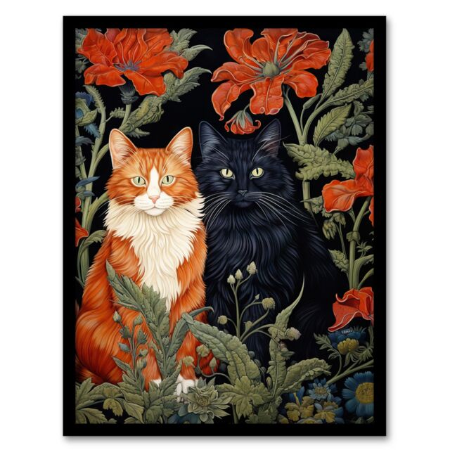 "Artery8 Wall Art Print Fluffy Ginger & Black Flower Cats Amongst The Red Floral Blooms Modern Artwork Art Framed - Size: W12"" x H16""" - image 1