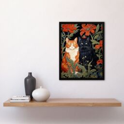 "Artery8 Wall Art Print Fluffy Ginger & Black Flower Cats Amongst The Red Floral Blooms Modern Artwork Art Framed - Size: W12"" x H16""" - thumbnail 4