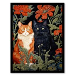 "Artery8 Wall Art Print Fluffy Ginger & Black Flower Cats Amongst The Red Floral Blooms Modern Artwork Art Framed - Size: W12"" x H16""" - thumbnail 1