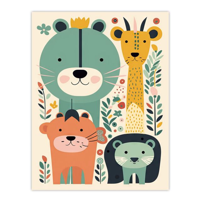 "Artery8 Wall Art Print Cute Zoo Animals Pastel Colour Graphic Artwork Jungle Forest Friends Kids Bedroom Painting Poster - Size: W18"" x H24""" - image 1