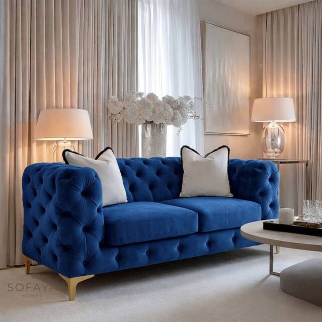 Sofaya Monaco Chesterfield Velvet Cushions Sofa 2 Seater Couch in Blue - image 1