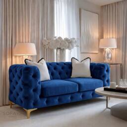 Sofaya Monaco Chesterfield Velvet Cushions Sofa 2 Seater Couch in Blue