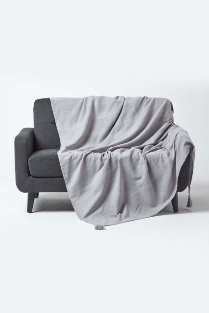 Homescapes Cotton Rajput Ribbed Throw in Silver - Size: 255 cm x 360 cm - image 1