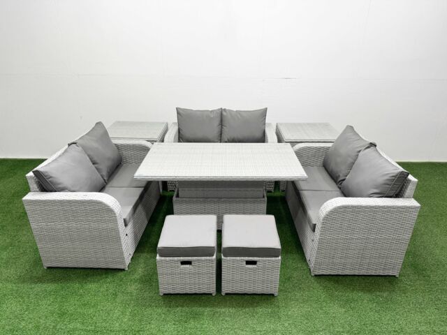 Fimous 8 Seater PE Wicker Rattan Furniture Sofa Sets with Adjustable Lifting Dining or Coffee Table 2 Seater Love Sofa 2 Stool 2 Side Table Light Grey - image 1
