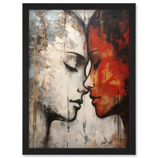 Artery8 Wall Art Print Affection Thick Paint Oil Painting Red Bold Blue Gay Lovers Emotional Connection Women Love Lesbian Artwork Framed A4 in Black - image 1