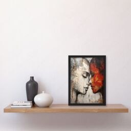 Artery8 Wall Art Print Affection Thick Paint Oil Painting Red Bold Blue Gay Lovers Emotional Connection Women Love Lesbian Artwork Framed A4 in Black - thumbnail 2