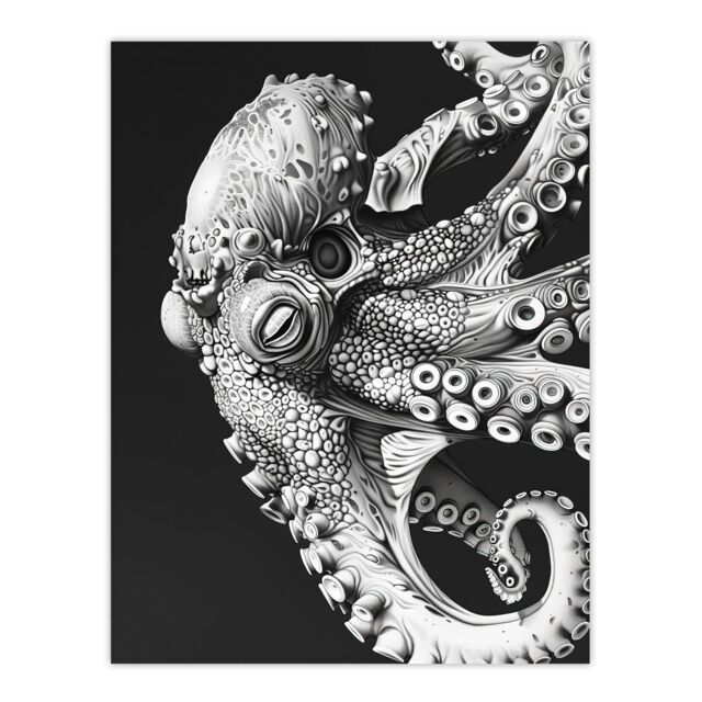"Artery8 Octopus Black White Drawing Ernst Haeckel Style Wall Art Print in Grey - Size: W24"" x H32""" - image 1