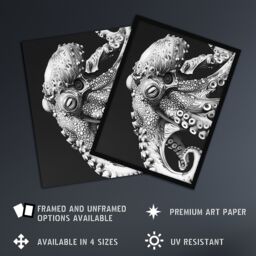 "Artery8 Octopus Black White Drawing Ernst Haeckel Style Wall Art Print in Grey - Size: W24"" x H32""" - thumbnail 2