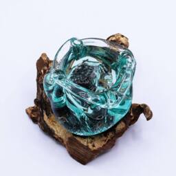 Serenityy Molten Glass Ashtray & Candle Holder on Gamal Wood, 23cm in Clear - thumbnail 6