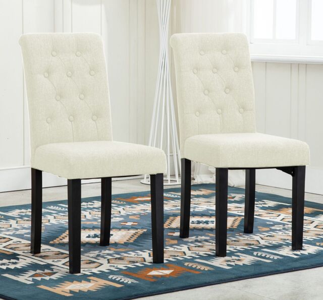 MCC Direct Set of 2 Linen Fabric Plush Padded Buttoned Back Dining Chairs in Cream - image 1