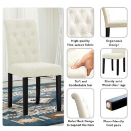 MCC Direct Set of 2 Linen Fabric Plush Padded Buttoned Back Dining Chairs in Cream - thumbnail 6
