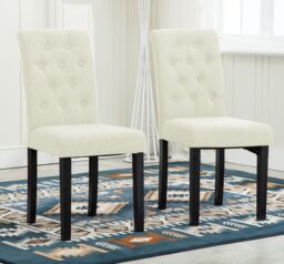 MCC Direct Set of 2 Linen Fabric Plush Padded Buttoned Back Dining Chairs in Cream