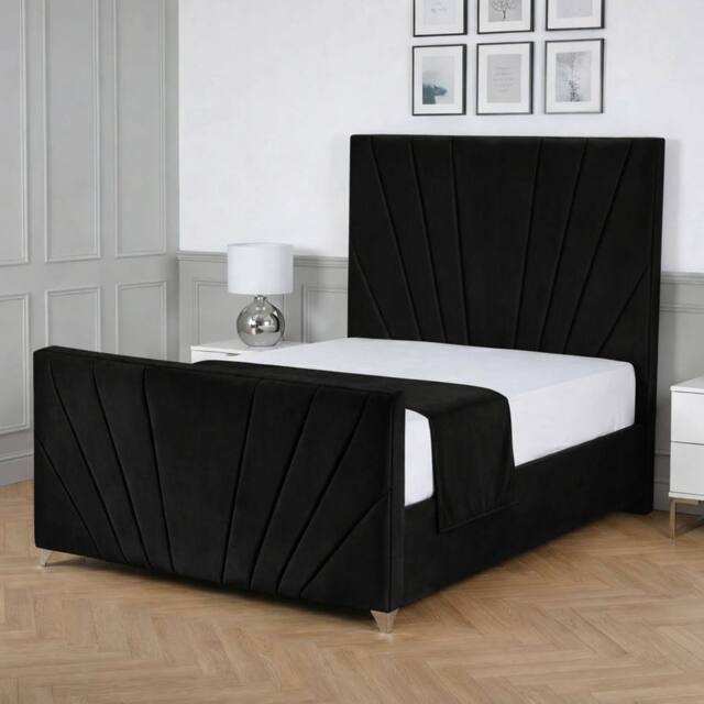 Living Comfort Bedz Lumina Plush Velvet Upholstered Bed Slatted Base with 48Inch Headboard in Black - Size: Small Double - image 1