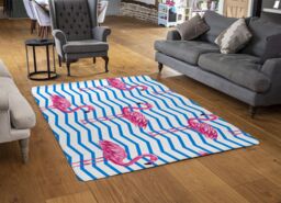 Benjamin Tate Design Flamingo & Blue Geometric Lines Designer Rug in Natural - Size: Large - thumbnail 2