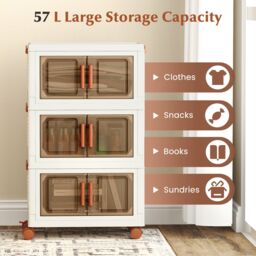 Gymax 3-Pack Stackable Storage Boxes 57L Collapsible Plastic Storage Bins in White - thumbnail 7
