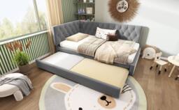 Rolipo Grey Velvet 3FT Single Daybed with Pull Out Trundle Guest Bed - thumbnail 2