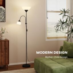 HOMCOM Mother-Child Floor Lamp Duo Light with 2 Switches & Round Base in Black - thumbnail 4