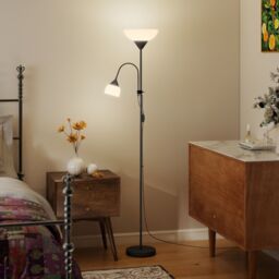 HOMCOM Mother-Child Floor Lamp Duo Light with 2 Switches & Round Base in Black - thumbnail 2