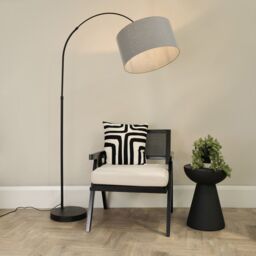 ValueLights Louis Black Arched Curved Floor Lamp with Fabric Drum Lamp Shade in Grey - thumbnail 3